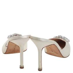Manolo Blahnik White Satin Hangisi Crystal Embellished Mules Size 38