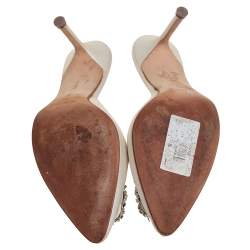 Manolo Blahnik White Satin Hangisi Crystal Embellished Mules Size 38