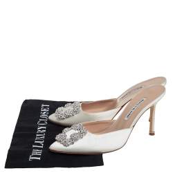 Manolo Blahnik White Satin Hangisi Crystal Embellished Mules Size 38