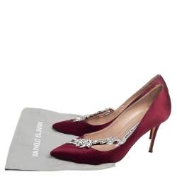Pre Owned Manolo Blahnik Burgundy Satin Nadira Pointed Toe Pumps Size 38