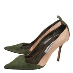 Pre Owned Manolo Blahnik Green/Beige Suede Pointed Toe Pumps Size 38.5
