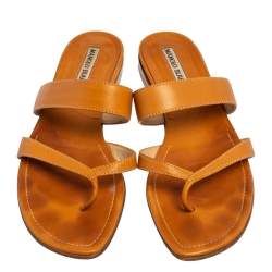 Pre Owned Manolo Blahnik Tan Leather Susa Flat Sandals Size 36