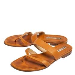 Pre Owned Manolo Blahnik Tan Leather Susa Flat Sandals Size 36