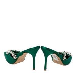 Manolo Blahnik Green Satin Crystal Embellished Lurum Sandals Size 38.5