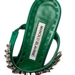 Manolo Blahnik Green Satin Crystal Embellished Lurum Sandals Size 38.5