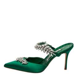 Manolo Blahnik Green Satin Crystal Embellished Lurum Sandals Size 38.5
