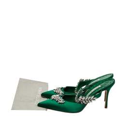 Manolo Blahnik Green Satin Crystal Embellished Lurum Sandals Size 38.5