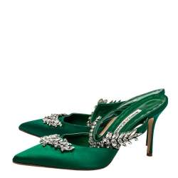 Manolo Blahnik Green Satin Crystal Embellished Lurum Sandals Size 38.5