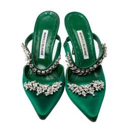 Manolo Blahnik Green Satin Crystal Embellished Lurum Sandals Size 38.5