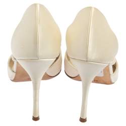 Pre Owned Manolo Blahnik Ivory White Satin Lala Crystal Embellished Pointed Toe Pumps Size 38.5