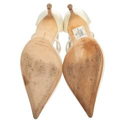 Pre Owned Manolo Blahnik Ivory White Satin Lala Crystal Embellished Pointed Toe Pumps Size 38.5