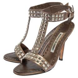 Pre Owned Manolo Blahnik  Brown Leather T Strap Sandals Size 35.5