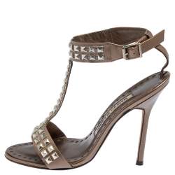 Pre Owned Manolo Blahnik  Brown Leather T Strap Sandals Size 35.5