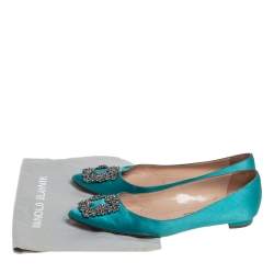 Pre Owned Manolo Blahnik Green Satin Hangisi Ballet Flats Size 38