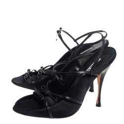 Pre Owned Manolo Blahnik Black Leather Bow Sandals Size 40