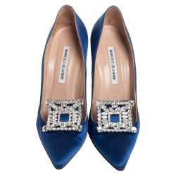 Pre Owned Manolo Blahnik Blue Satin Embellished Pointed Toe Pumps Size 37.5