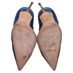 Pre Owned Manolo Blahnik Blue Satin Embellished Pointed Toe Pumps Size 37.5
