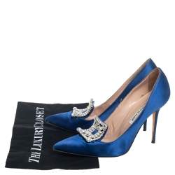 Pre Owned Manolo Blahnik Blue Satin Embellished Pointed Toe Pumps Size 37.5