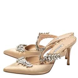 Manolo Blahnik Beige Satin Lurum Pointed Toe Mules Size 39.5