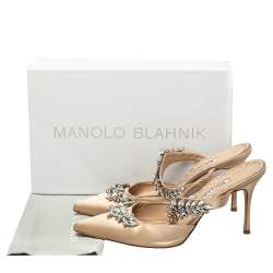 Manolo Blahnik Beige Satin Lurum Pointed Toe Mules Size 39.5
