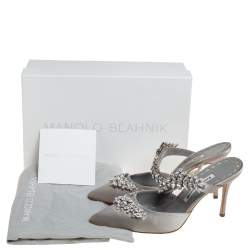 Pre Owned Manolo Blahnik Grey Satin Crystal Embellshed Lurum Sandals Size 38
