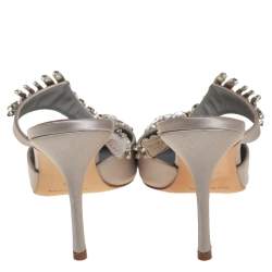 Pre Owned Manolo Blahnik Grey Satin Crystal Embellshed Lurum Sandals Size 38