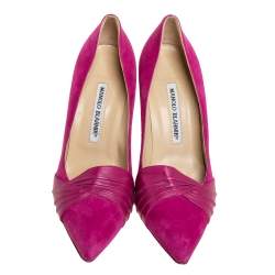 Pre Owned Manolo Blahnik Pink Suede And Leather Pleated Pumps Size 37