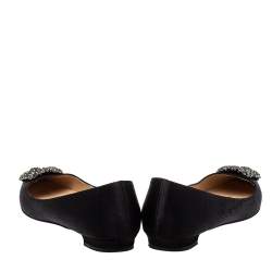 Pre Owned Manolo Blahnik Black Satin Hangisi Crystal Embellished Flats Size 38.5
