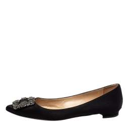 Pre Owned Manolo Blahnik Black Satin Hangisi Crystal Embellished Flats Size 38.5