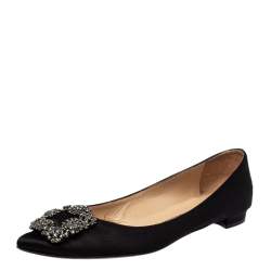 Pre Owned Manolo Blahnik Black Satin Hangisi Crystal Embellished Flats Size 38.5