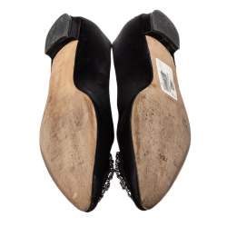 Pre Owned Manolo Blahnik Black Satin Hangisi Crystal Embellished Flats Size 38.5