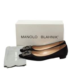 Pre Owned Manolo Blahnik Black Satin Hangisi Crystal Embellished Flats Size 38.5