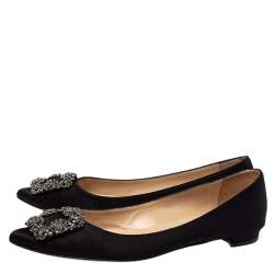 Pre Owned Manolo Blahnik Black Satin Hangisi Crystal Embellished Flats Size 38.5