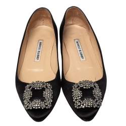 Pre Owned Manolo Blahnik Black Satin Hangisi Crystal Embellished Flats Size 38.5
