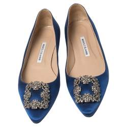 Pre Owned Manolo Blahnik Blue Satin Hangisi Ballet Flats Size 39.5