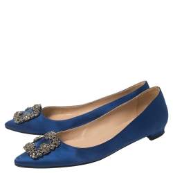 Pre Owned Manolo Blahnik Blue Satin Hangisi Ballet Flats Size 39.5