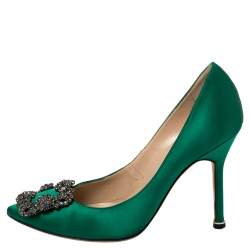 Pre Owned Manolo Blahnik Emerald Green Satin Hangisi Pumps Size 34.5