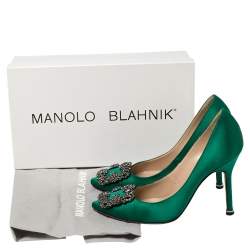 Pre Owned Manolo Blahnik Emerald Green Satin Hangisi Pumps Size 34.5