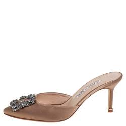 Pre Owned Manolo Blahnik Beige Satin Hangisi Mule Sandals Size 37