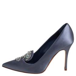 Pre Owned حذاء كعب عالي مانولو بلانيك مزخرف ساتان أزرق مقاس 38.5