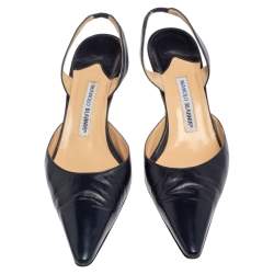 Manolo Blahnik Navy Leather Carolyne Pointed Toe Slingback Sandals Size 42