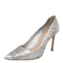 Pre Owned Manolo Blahink Silver Lazer Cut Patent Leather Pumps Size 39.5