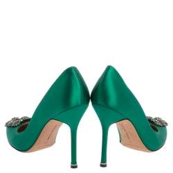Pre Owned Manolo Blahnik Green Satin Hangisi Pumps Size 38