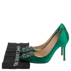 Pre Owned Manolo Blahnik Green Satin Hangisi Pumps Size 38