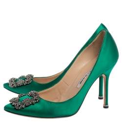 Pre Owned Manolo Blahnik Green Satin Hangisi Pumps Size 38