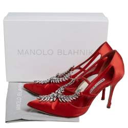 Pre Owned Manolo Blahnik Red Satin Lala Pointed Toe Pumps Size 40.5