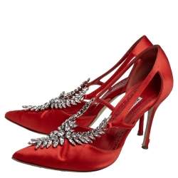 Pre Owned Manolo Blahnik Red Satin Lala Pointed Toe Pumps Size 40.5