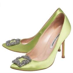 Pre Owned Manolo Blahnik Neon Green Satin Hangisi Pumps Size 39