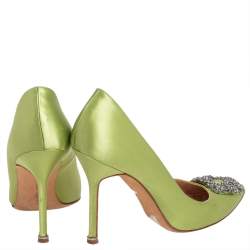 Pre Owned Manolo Blahnik Neon Green Satin Hangisi Pumps Size 39