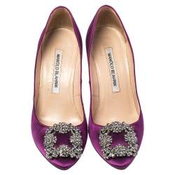 Pre Owned حذاء كعب عالي مانولو بلانيك هانغيسي ساتان بنفسجي مقاس 34.5